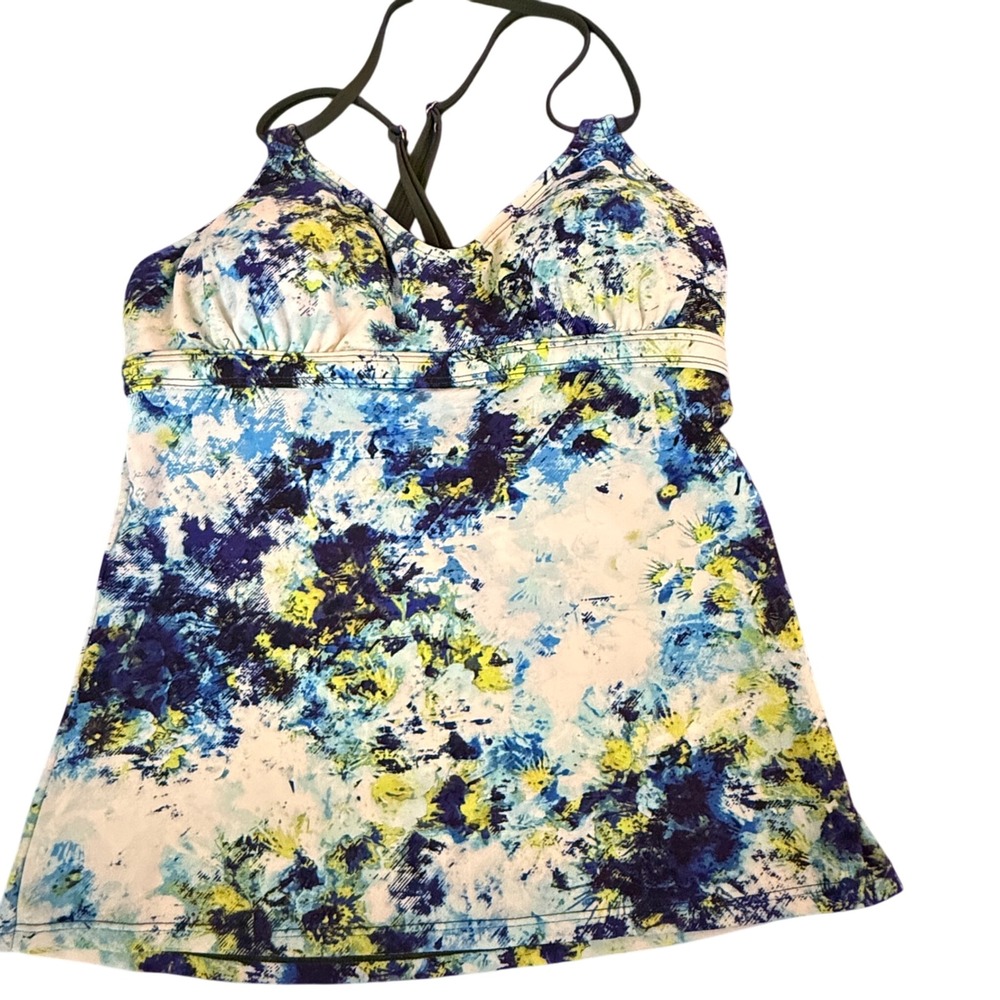 Athleta Small Tankini Top Swimsuit Blue Yellow Floral Criss Cross‎ Straps